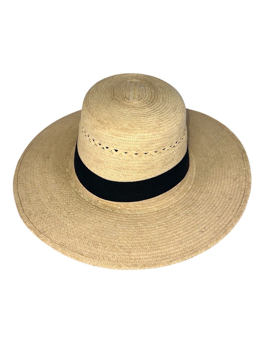 The Hatters 100% Palm Leaf Straw Sun Hat Wide Brim Black Band Size 6 3/4